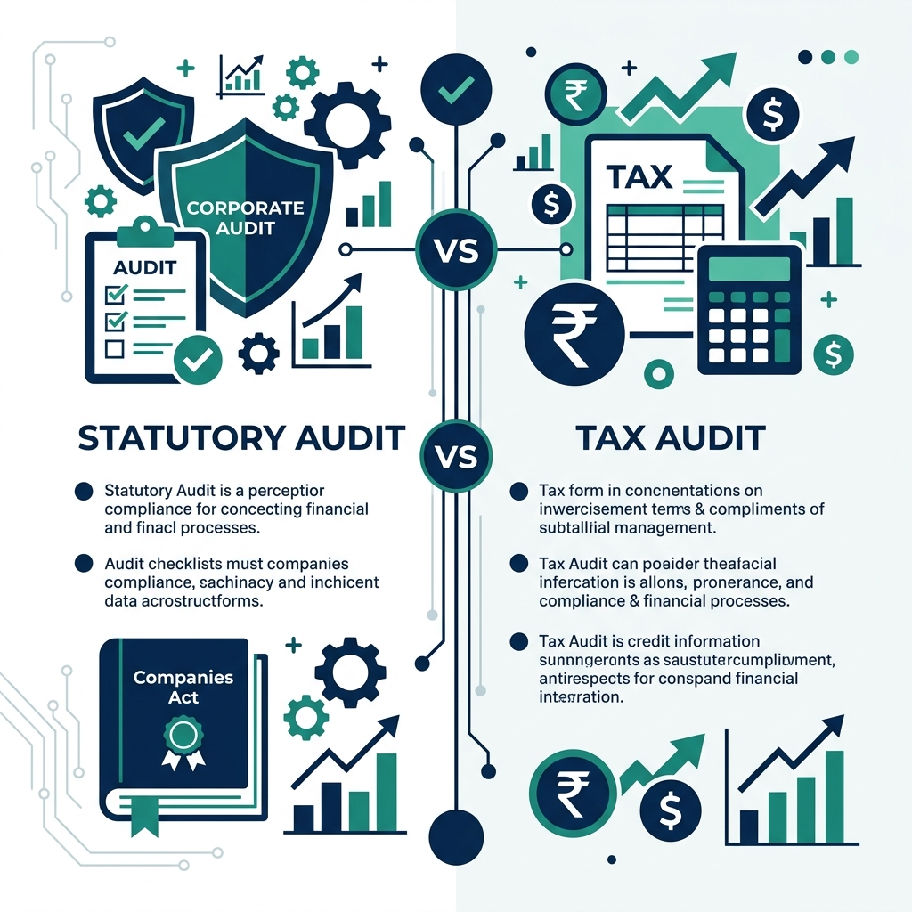 A visual flow comparing statutory audits and tax audits across governing laws, applicability, objectives, and report forms